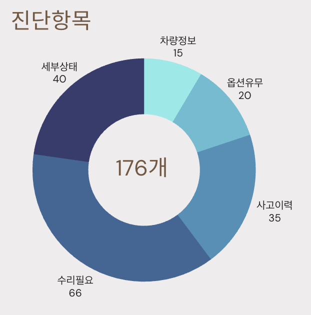 176개 진단항목: 차량정보 15, 옵션유무 20, 사고이력 35, 수리필요 66, 세부상태 40